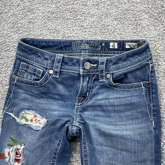 Miss Me Jeans Girls 8 Skinny Blue Denim Distressed Rips Floral Kids Stretch - Picture 3 of 13